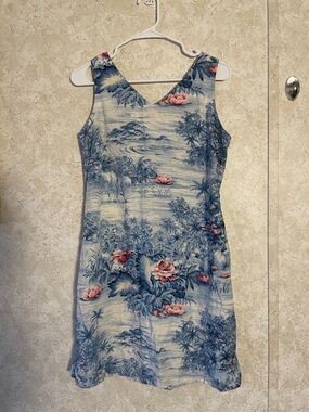 Liz Claiborne Blue Floral Scenic V-Neck Midi Dress with Pink Blooms